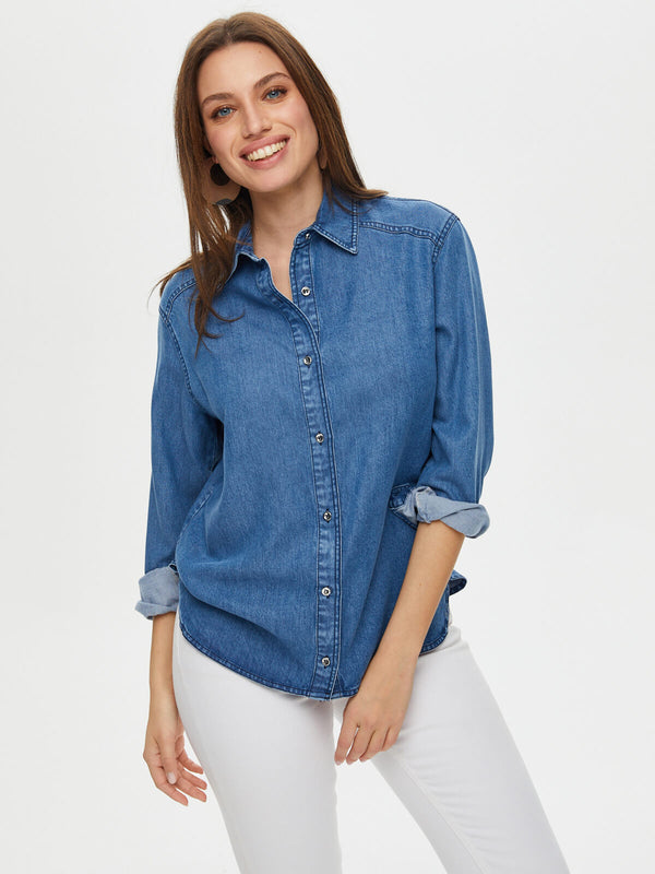 Faik Sönmez Oversize Denim Gömlek - Uzun Kol Minimalist Tarz Kadın