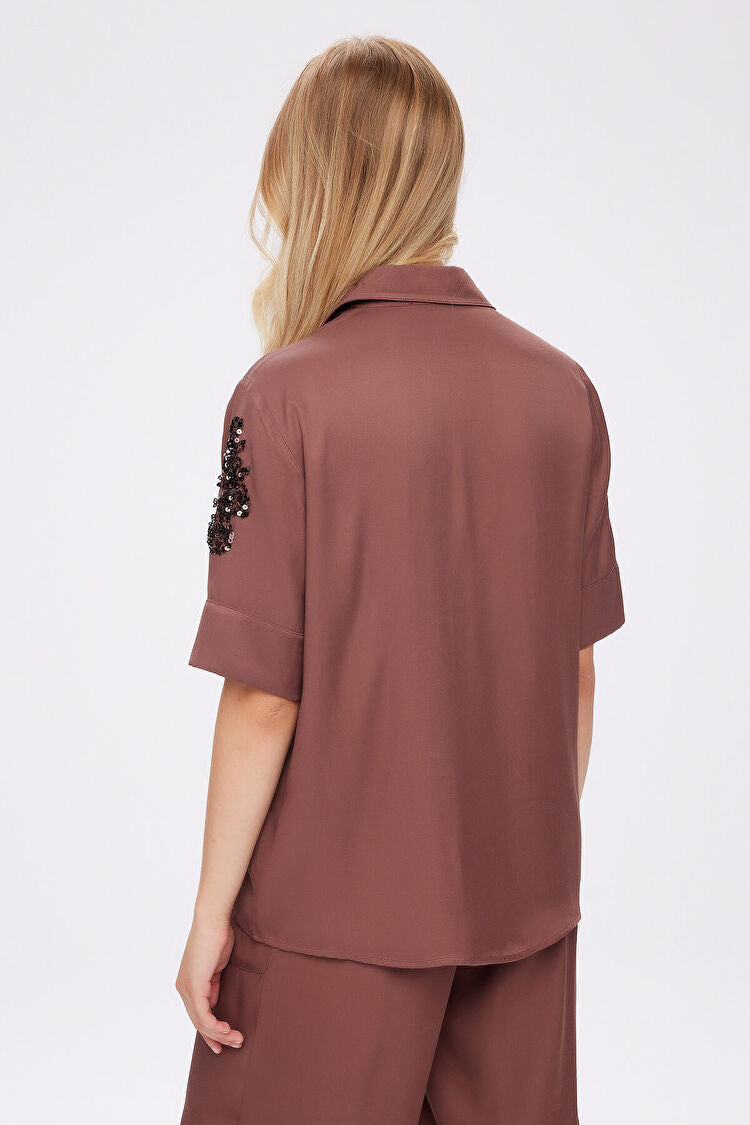 Faik Sönmez Payet Nakış Detaylı Rayon Viskon Kısa Kol Gömlek