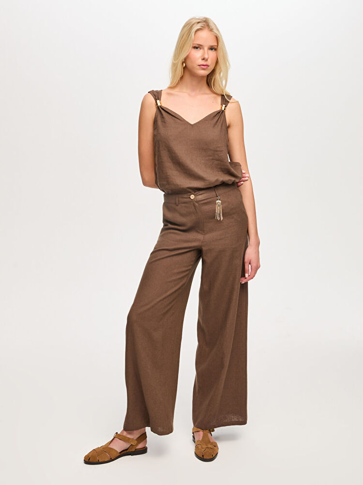 Faik Sönmez Wide Leg Fit Metal Aksesuarlı Keten Karışımlı Pantolon US26PNT034 Ana görsel