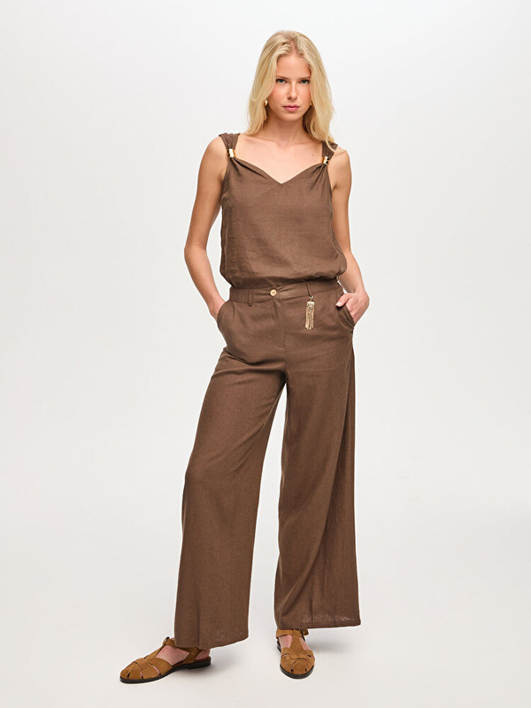 Faik Sönmez Wide Leg Fit Metal Aksesuarlı Keten Karışımlı Pantolon US26PNT034