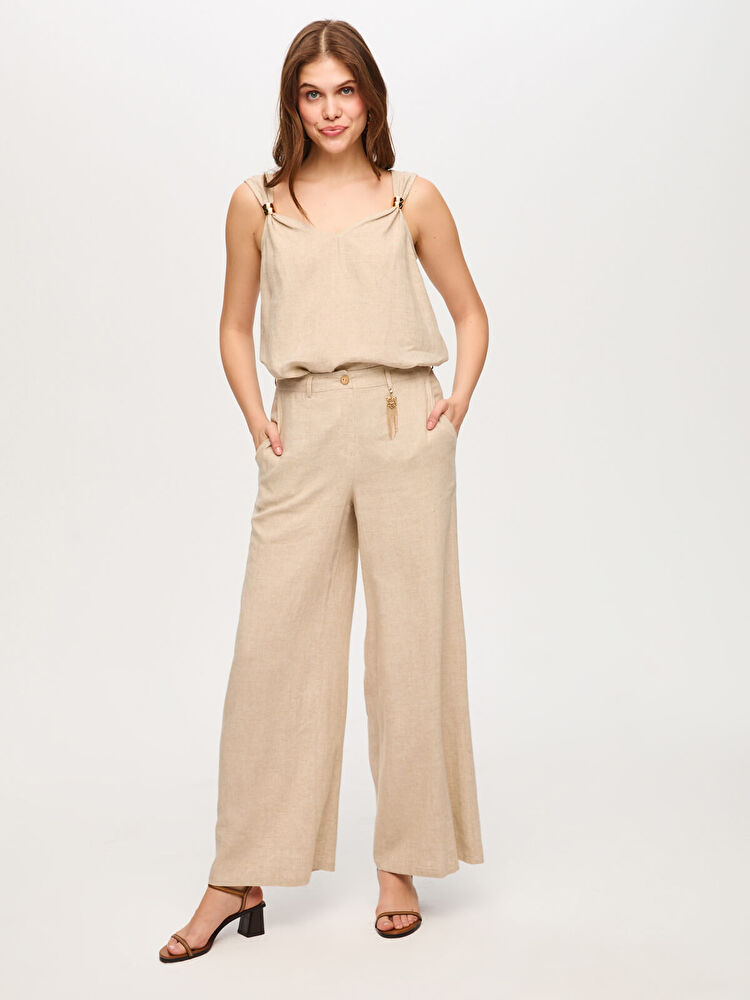 Faik Sönmez Wide Leg Fit Metal Aksesuarlı Keten Karışımlı Pantolon US26PNT034 Ana görsel