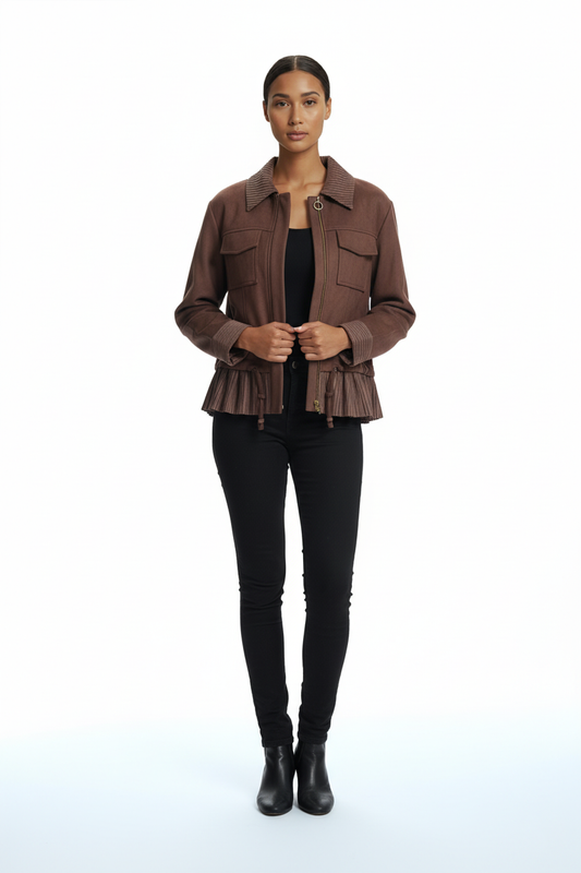 جاكيت من جلد الغزال بتفاصيل الكشكشة