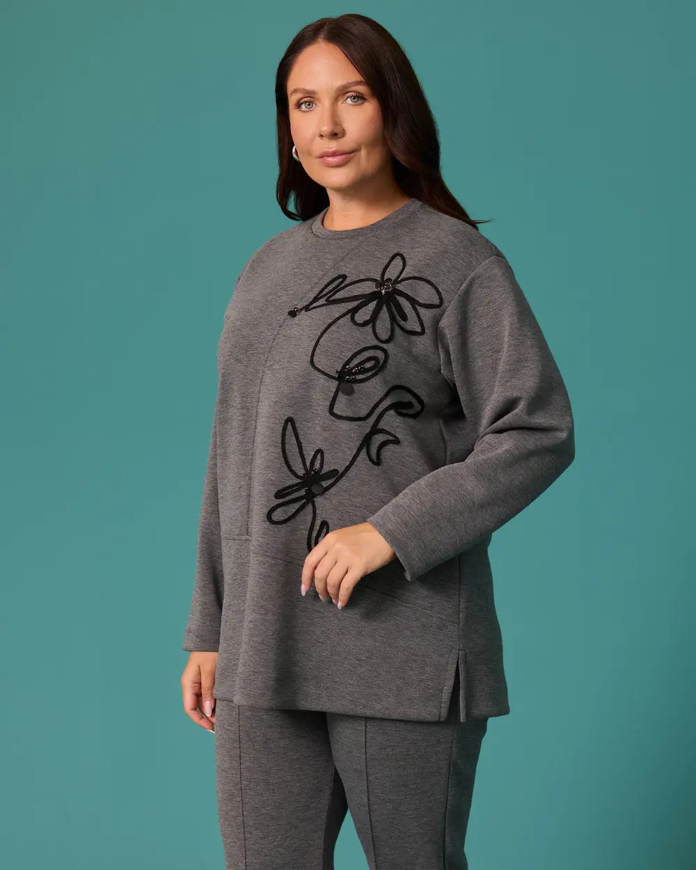 Gala-xi Büyük Beden Çiçek Aplikeli Bisiklet Yaka Cepli Sweatshirt Ana görsel