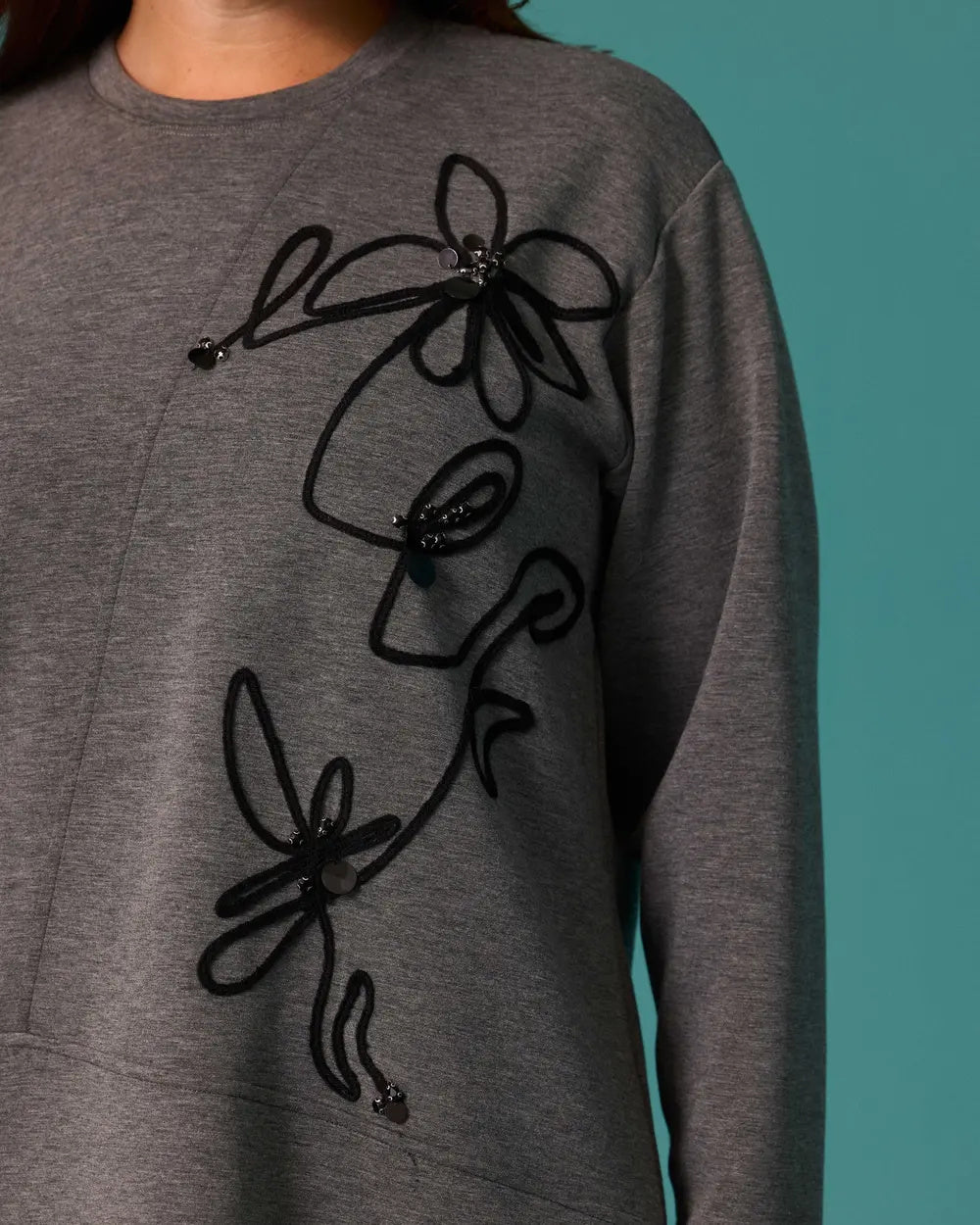 Gala-xi Büyük Beden Çiçek Aplikeli Bisiklet Yaka Cepli Sweatshirt İkincil görsel