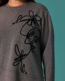 Gala-xi Büyük Beden Çiçek Aplikeli Bisiklet Yaka Cepli Sweatshirt