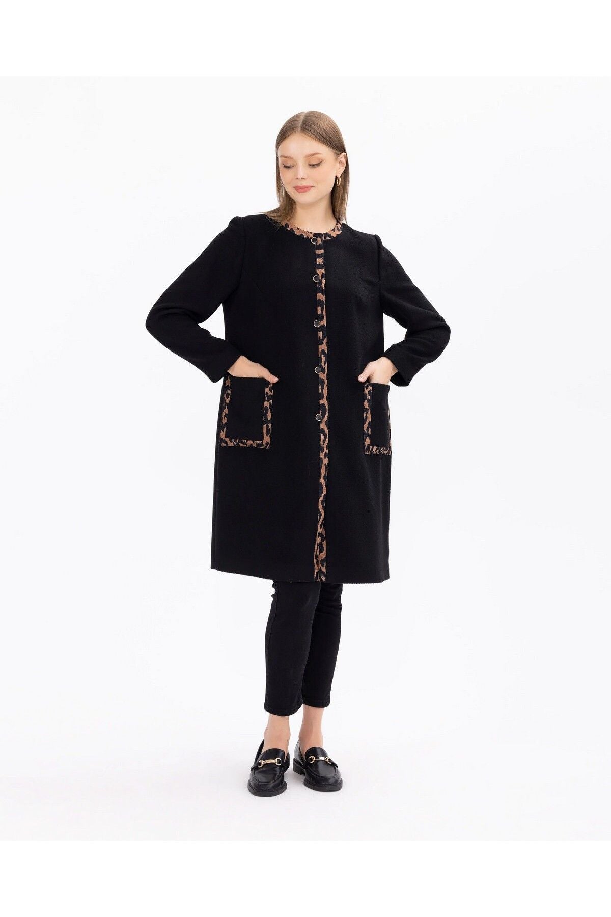 Gala-xi Minimalist Leopar Detaylı Uzun Kadın Kaban - Sonbahar Kış