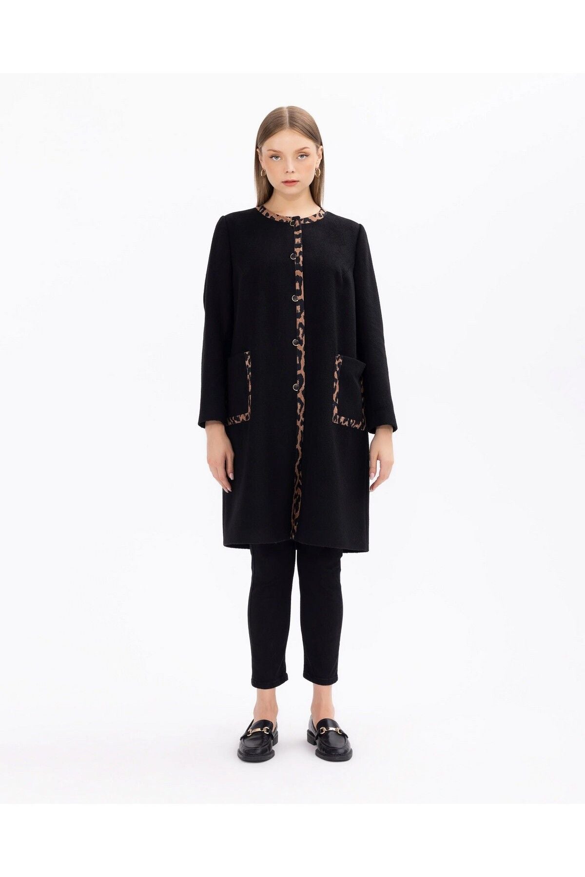 Gala-xi Minimalist Leopar Detaylı Uzun Kadın Kaban - Sonbahar Kış
