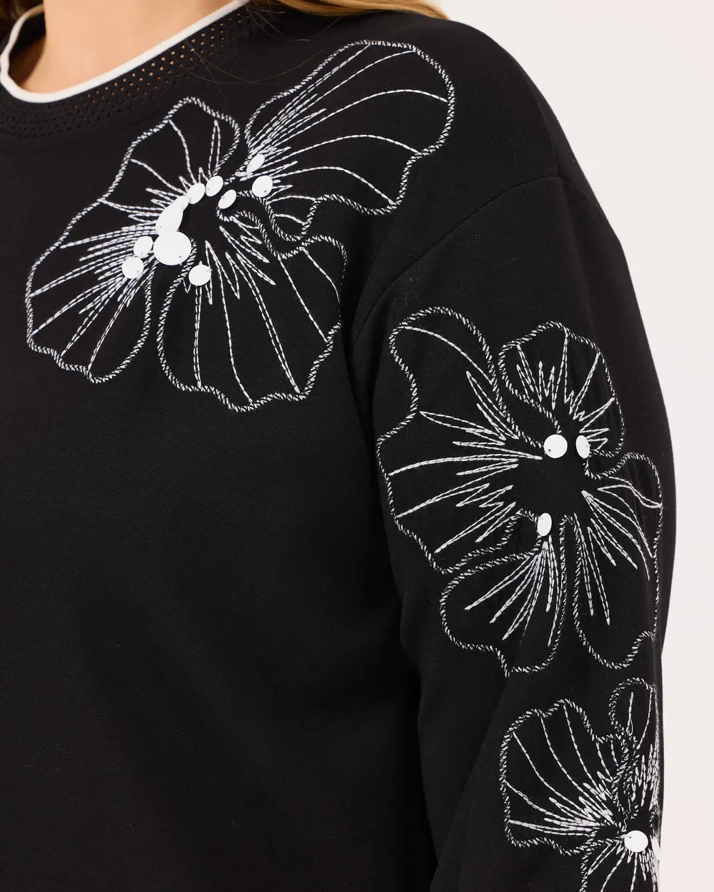 Gala-xi Kadın  Büyük Beden Sıfır Yaka İşlemeli Sweatshirt 10002422314001