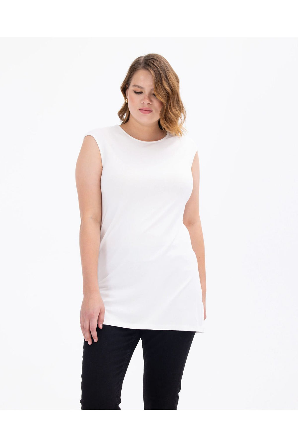 Gala-xi Büyük Beden Sıfır Yaka Kolsuz Kadın T-Shirt 232111001001