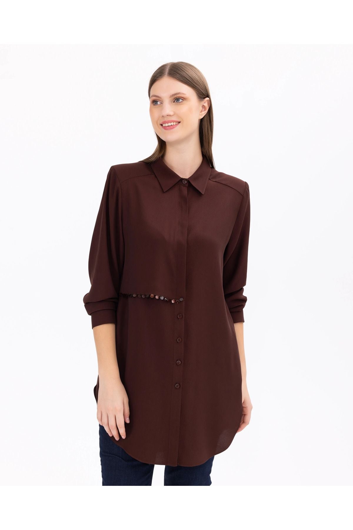 Gala-xi Minimalist Oversize Gömlek Yaka Midi Kadın Tunik - Günlük Translation missing: ar.content.product_image_main