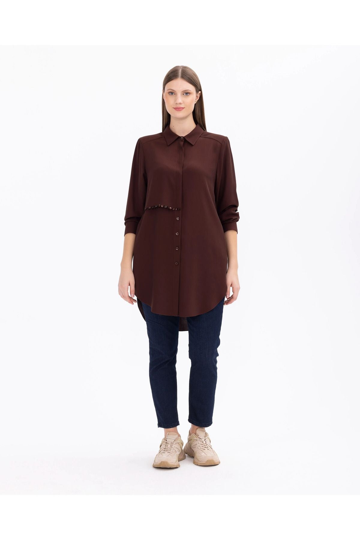 Gala-xi Minimalist Oversize Gömlek Yaka Midi Kadın Tunik - Günlük Translation missing: ar.content.product_image_secondary