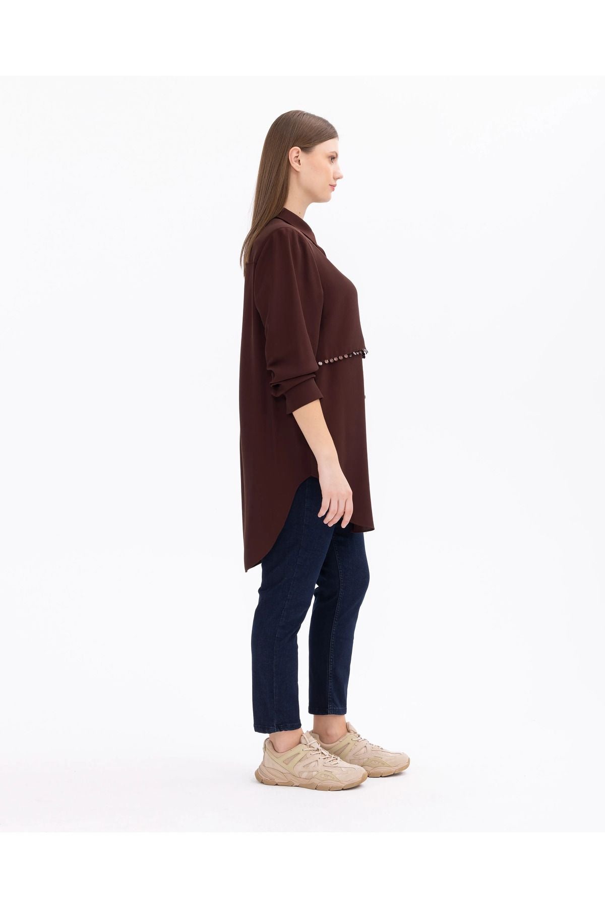 Gala-xi Minimalist Oversize Gömlek Yaka Midi Kadın Tunik - Günlük
