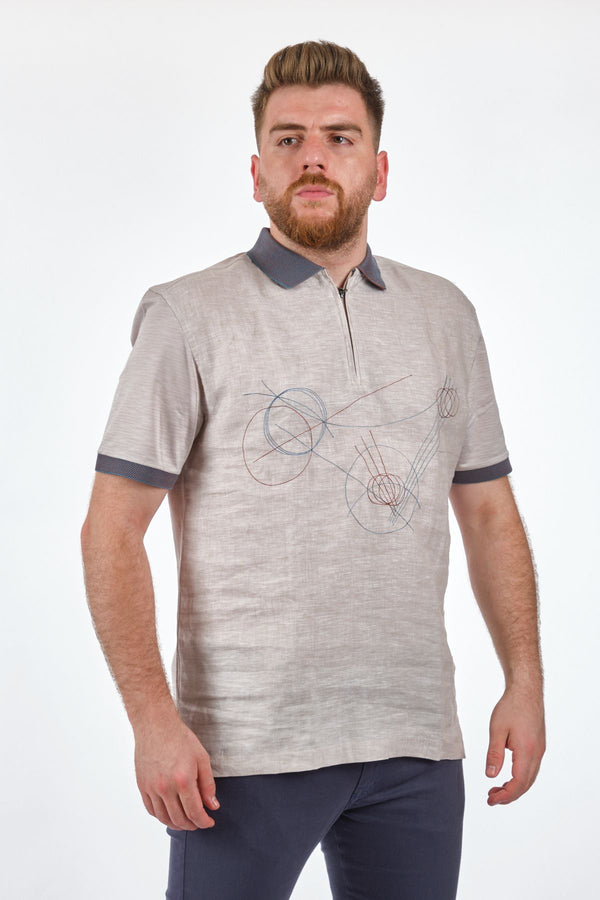 Gallus Minimalist Keten Erkek T-Shirt - Kısa Kol Yarım Fermuar