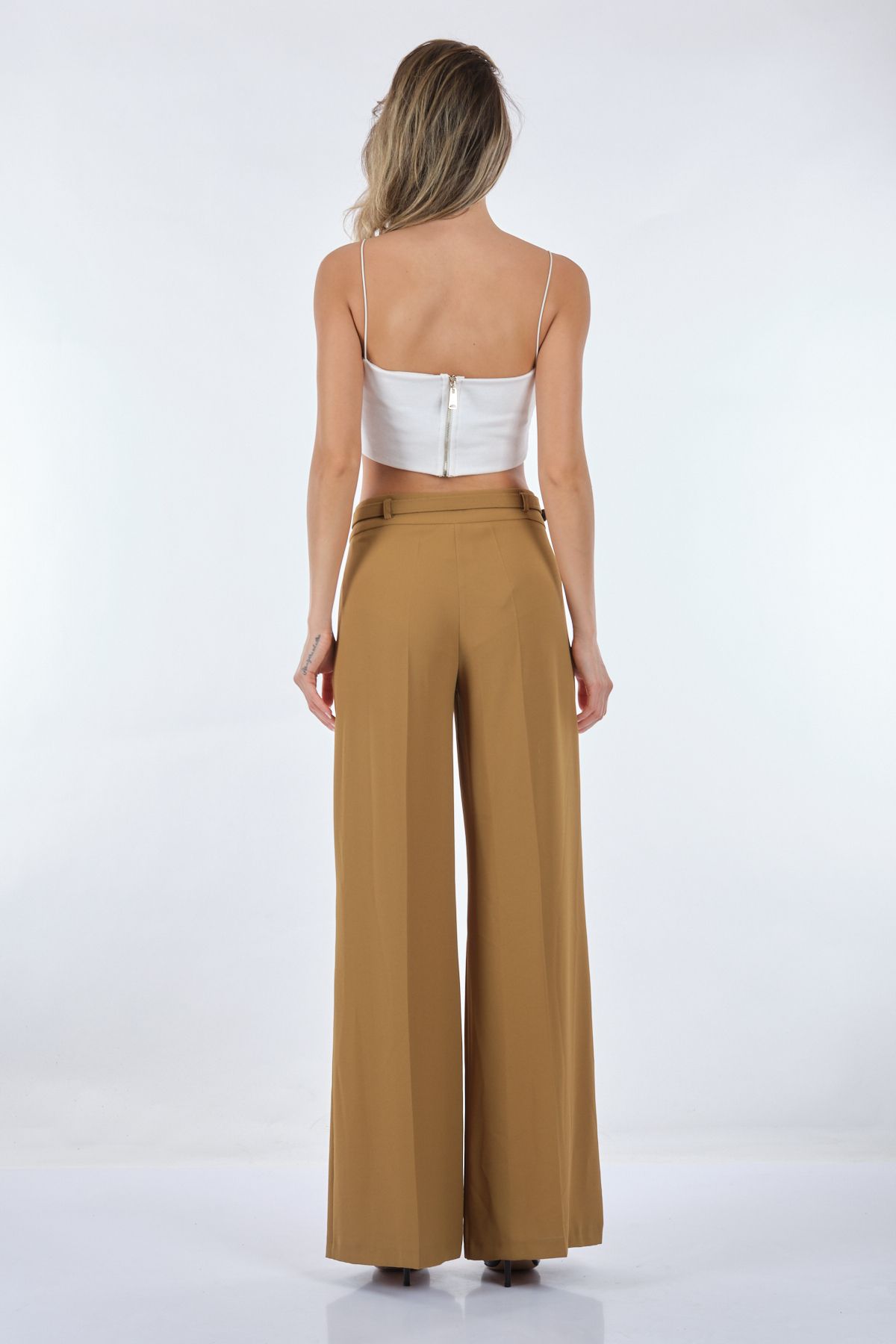 Garni Minimalist Geniş Paça Kadın Pantolon - Yüksek Bel - Trend