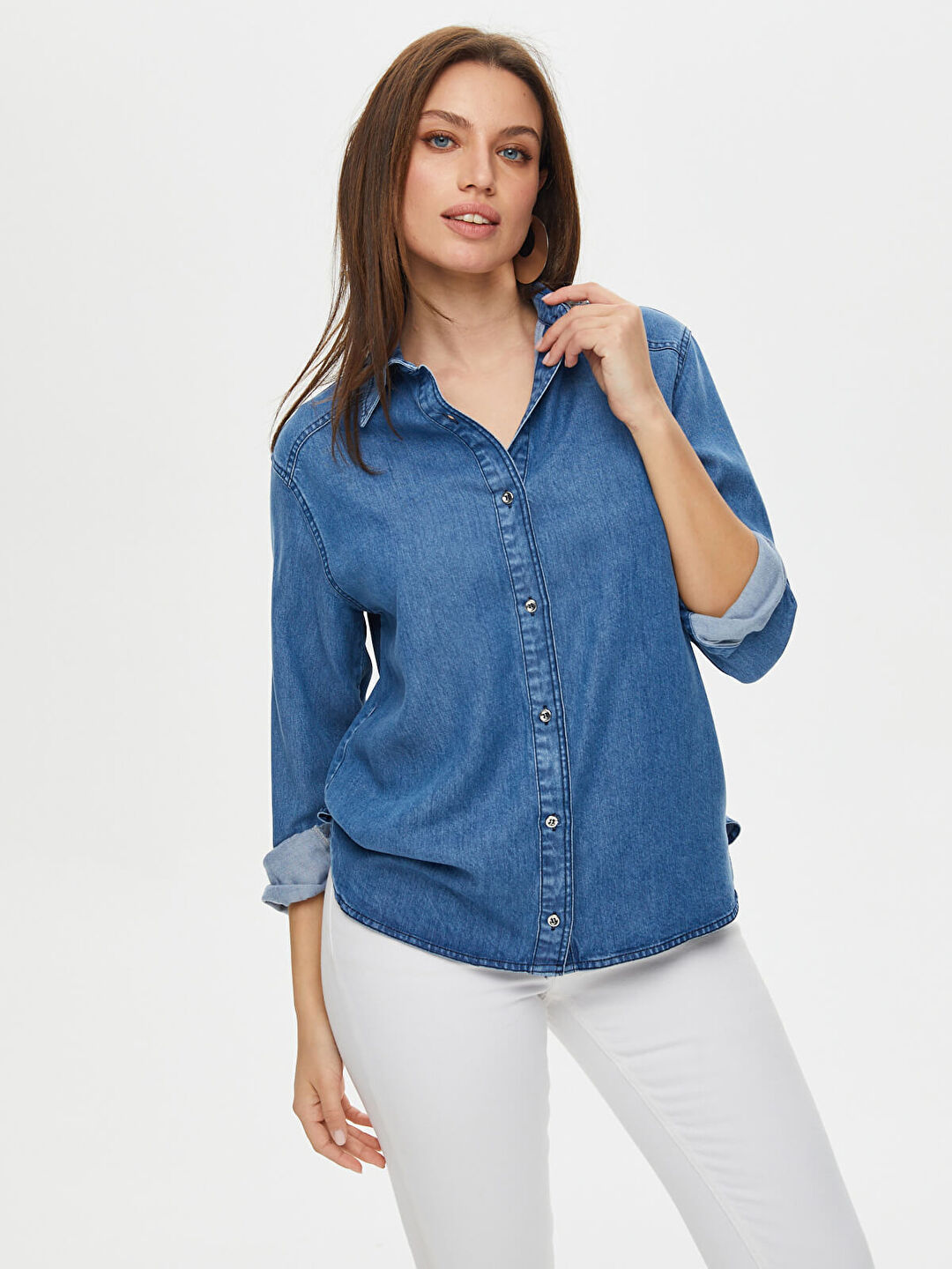 Faik Sönmez Oversize Denim Gömlek - Uzun Kol Minimalist Tarz Kadın