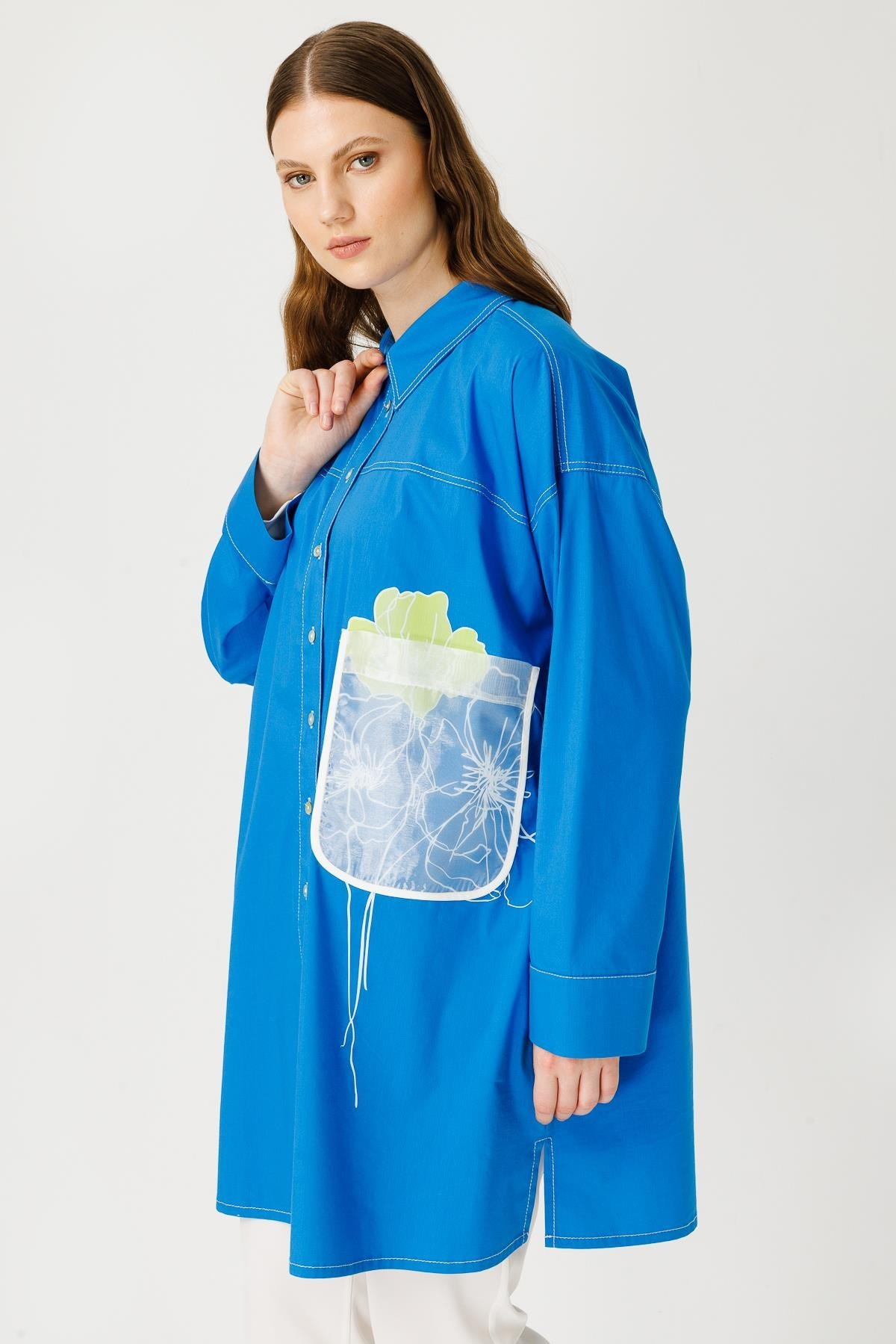 Müsemma Oversize Gömlek Yaka Uzun Kollu Midi Günlük Kadın Gömleği