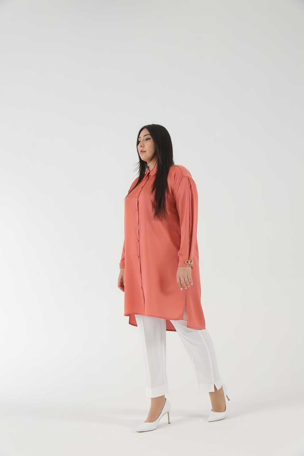 Müsemma Oversize Gömlek Yaka Midi Kadın Gömlek - Günlük Şıklık