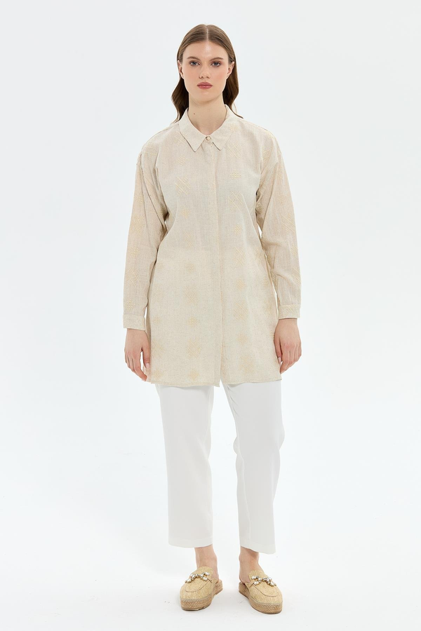Müsemma Oversize Nakışlı Midi Gömlek - Uzun Kol