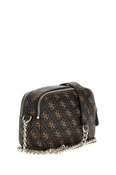 Guess Kadın Monogram Desenli Çapraz Askılı Omuz Çantası Fermuarlı Zincir Detaylı