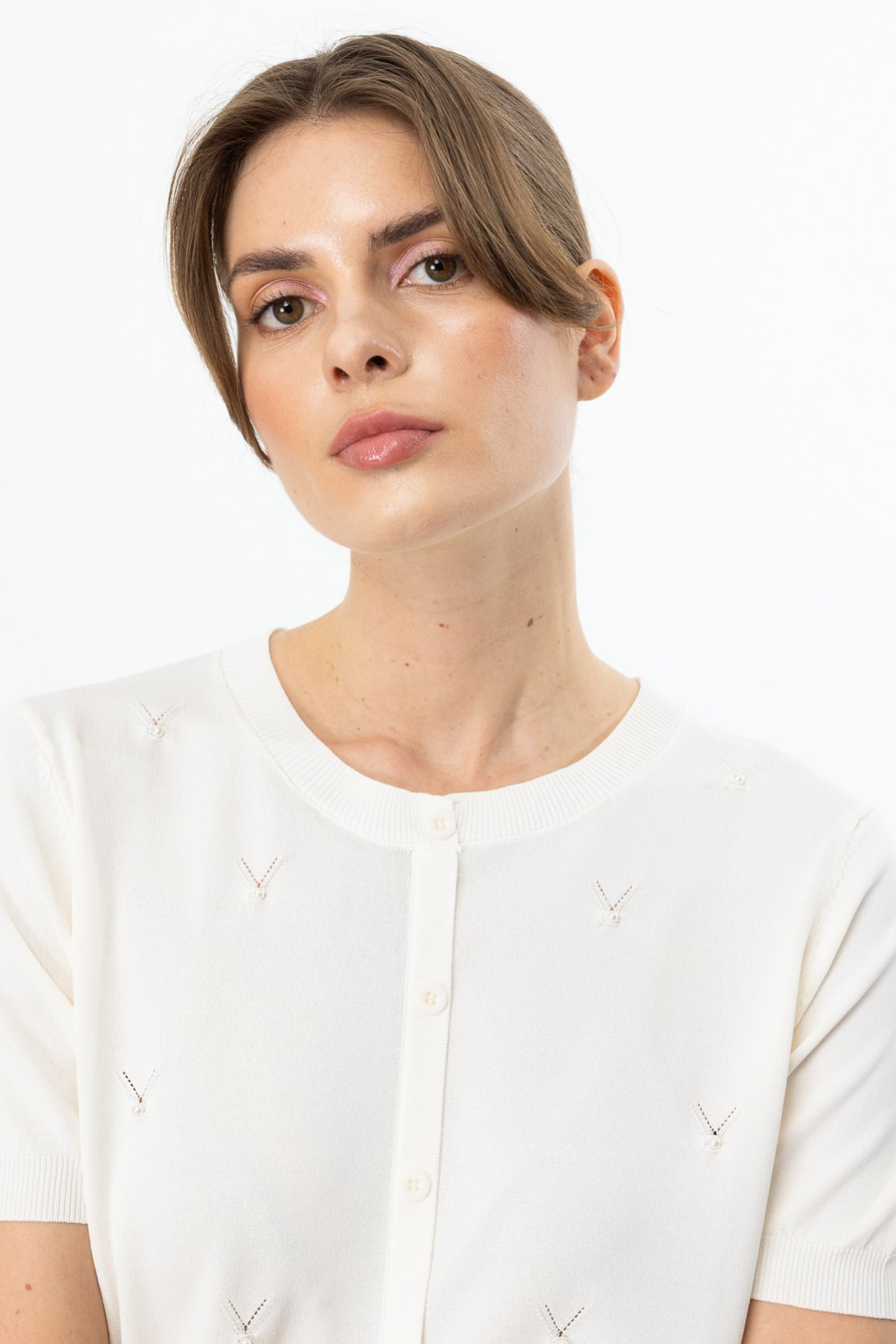 On Minimalist İnci Detaylı Kısa Kol Kadın Bluz - Günlük & Özel Gün