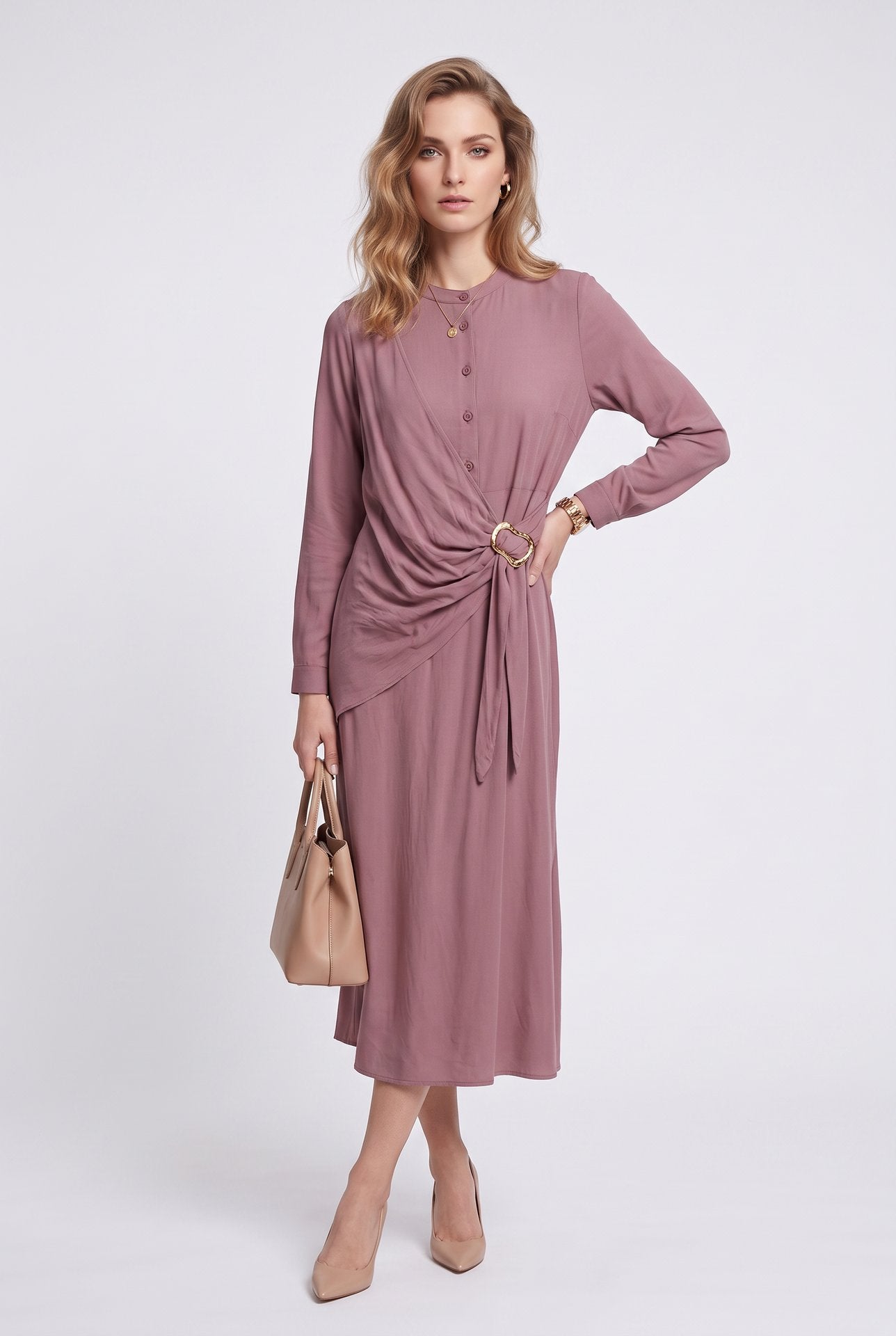 İKOLL Kadın Bisiklet Yaka Düğmeli Uzun Kollu Midi Elbise Dökümlü Kumaş Tokalı Detay 0036901 İkincil görsel