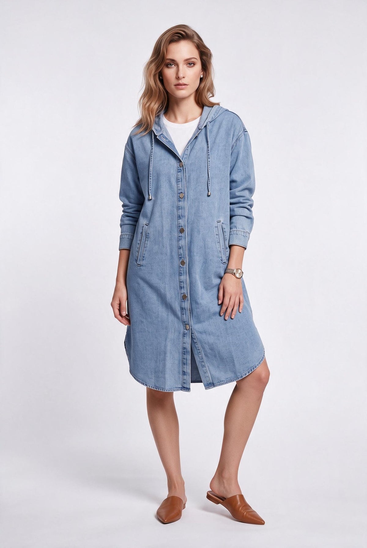 İKOLL Kadın Rahat Kesim Kapüşonlu Düğmeli Denim Kap Elbise Midi Boy Ana görsel