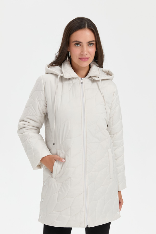 معطف نسائي متوسط ​​الطول مبطن، بياقة بولو، وأزرار جانبية كبس، ونقشة أوراق الشجر