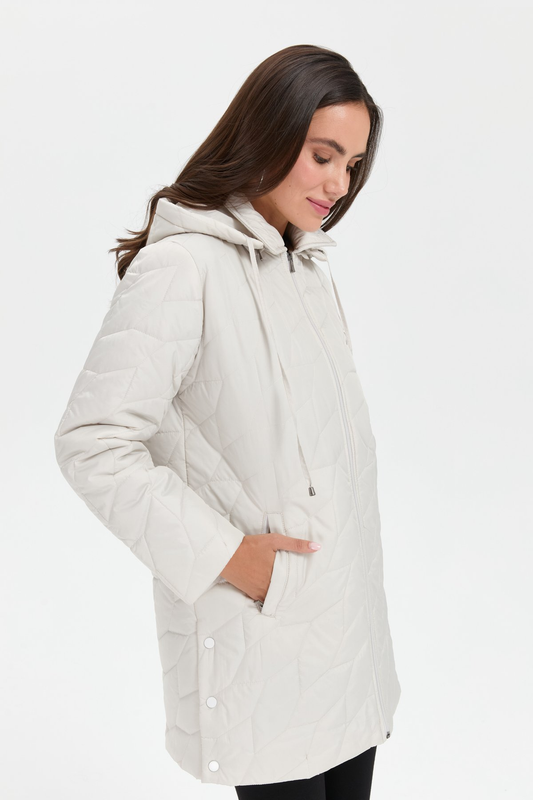 معطف نسائي متوسط ​​الطول مبطن، بياقة بولو، وأزرار جانبية كبس، ونقشة أوراق الشجر