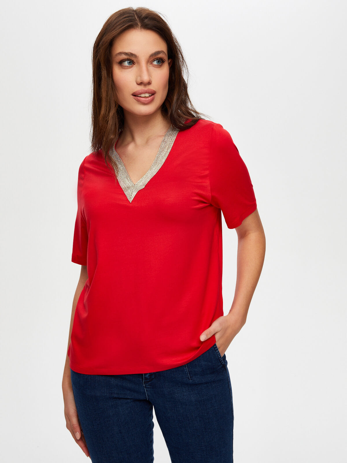 Kadın Zincir Şertili V Yaka Kısa Kol T-Shirt 25YUS25TSH064
