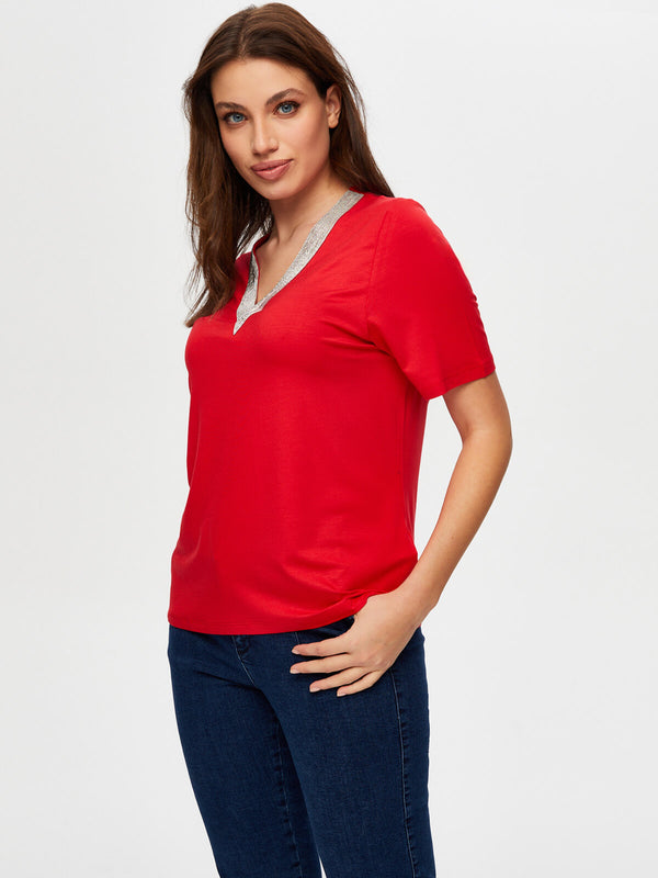 Kadın Zincir Şertili V Yaka Kısa Kol T-Shirt 25YUS25TSH064