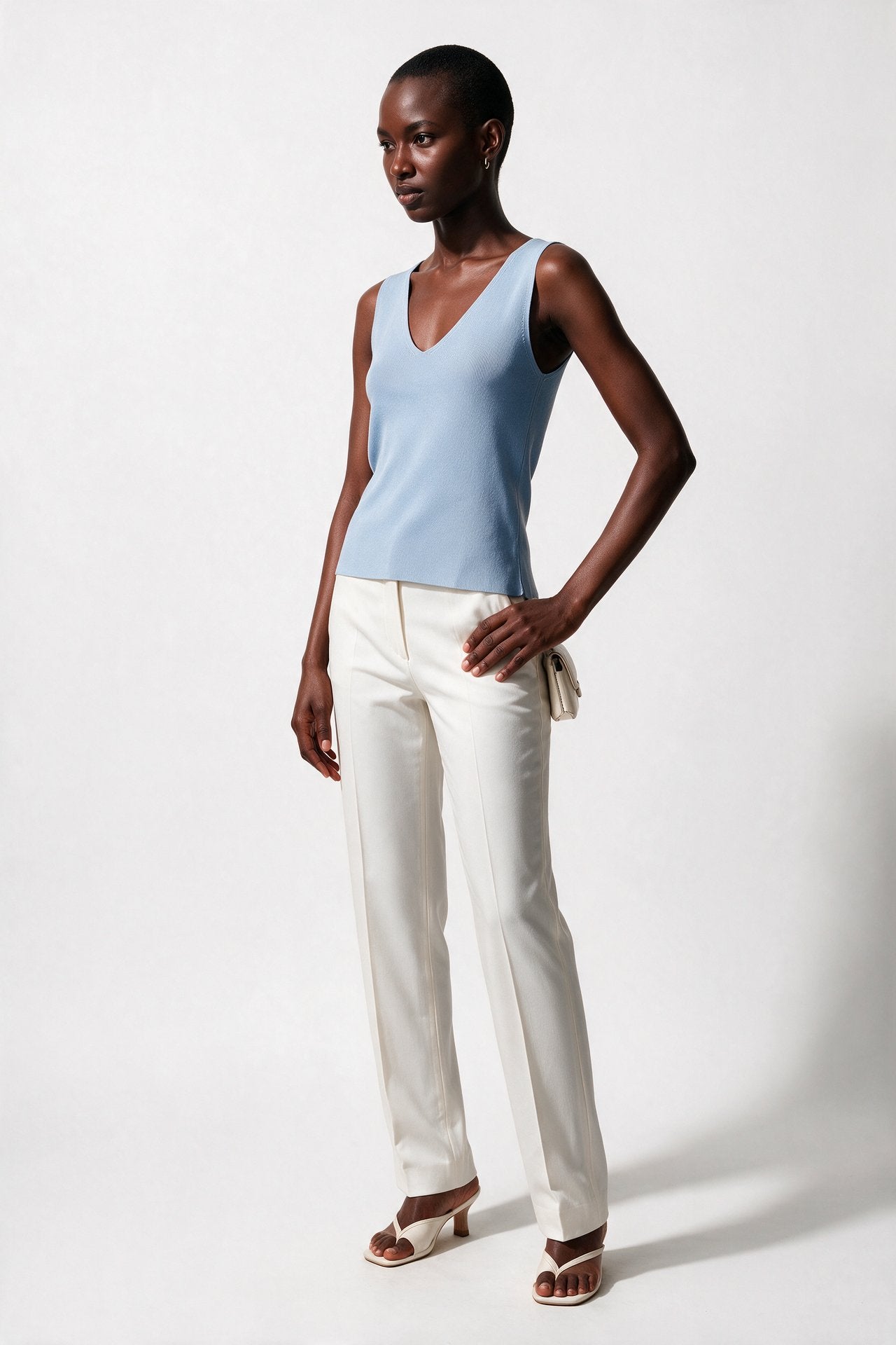 Bsb Kadın V Yaka Fitilli Örme Kolsuz Bluz Günlük Kombinler İçin