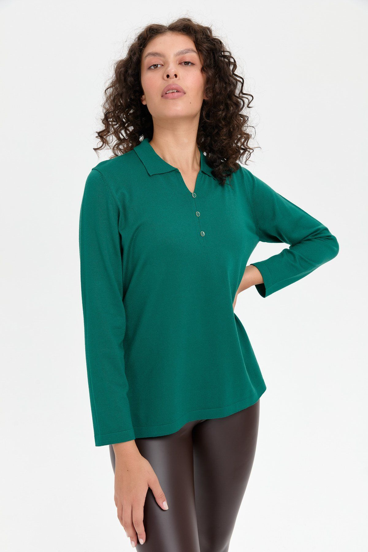 Desen Kadın Oversize Polo Yaka Uzun Kol Kazak - Günlük Kombinleriniz İçin Translation missing: tr.content.product_image_secondary