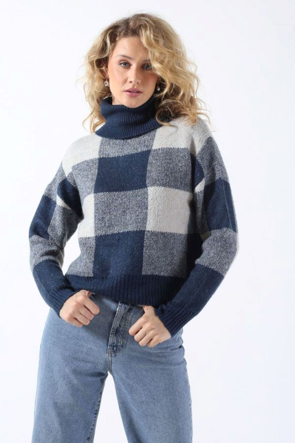 Only Oversize Boğazlı Kareli Kazak - Günlük Kombinleriniz İçin