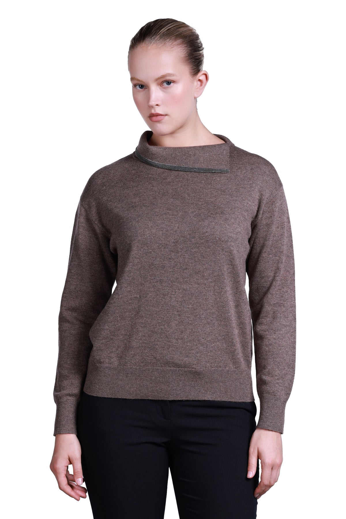 Sempre Asimetrik Yaka Oversize Kadın Kazak - Uzun Kol Minimalist