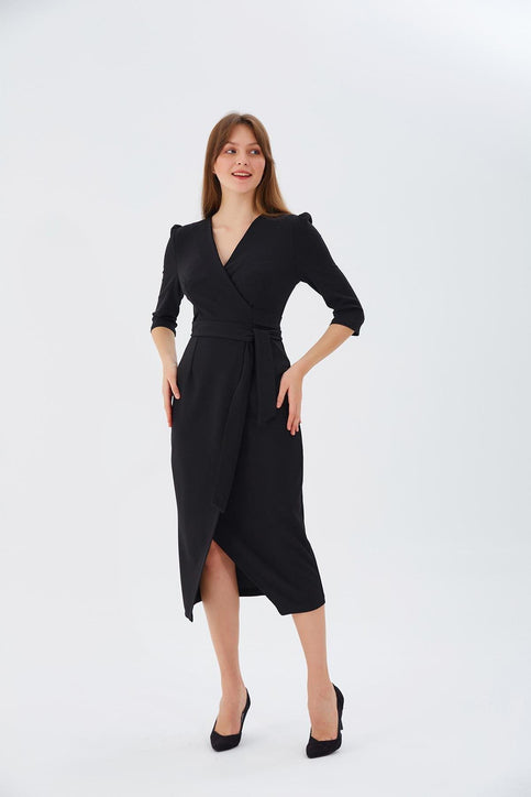 Kruvaze  Bağlamalı Abiye Elbise Nefeli 36 Siyah