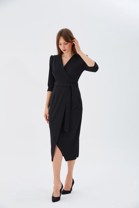 Kruvaze  Bağlamalı Abiye Elbise Nefeli 40 Siyah