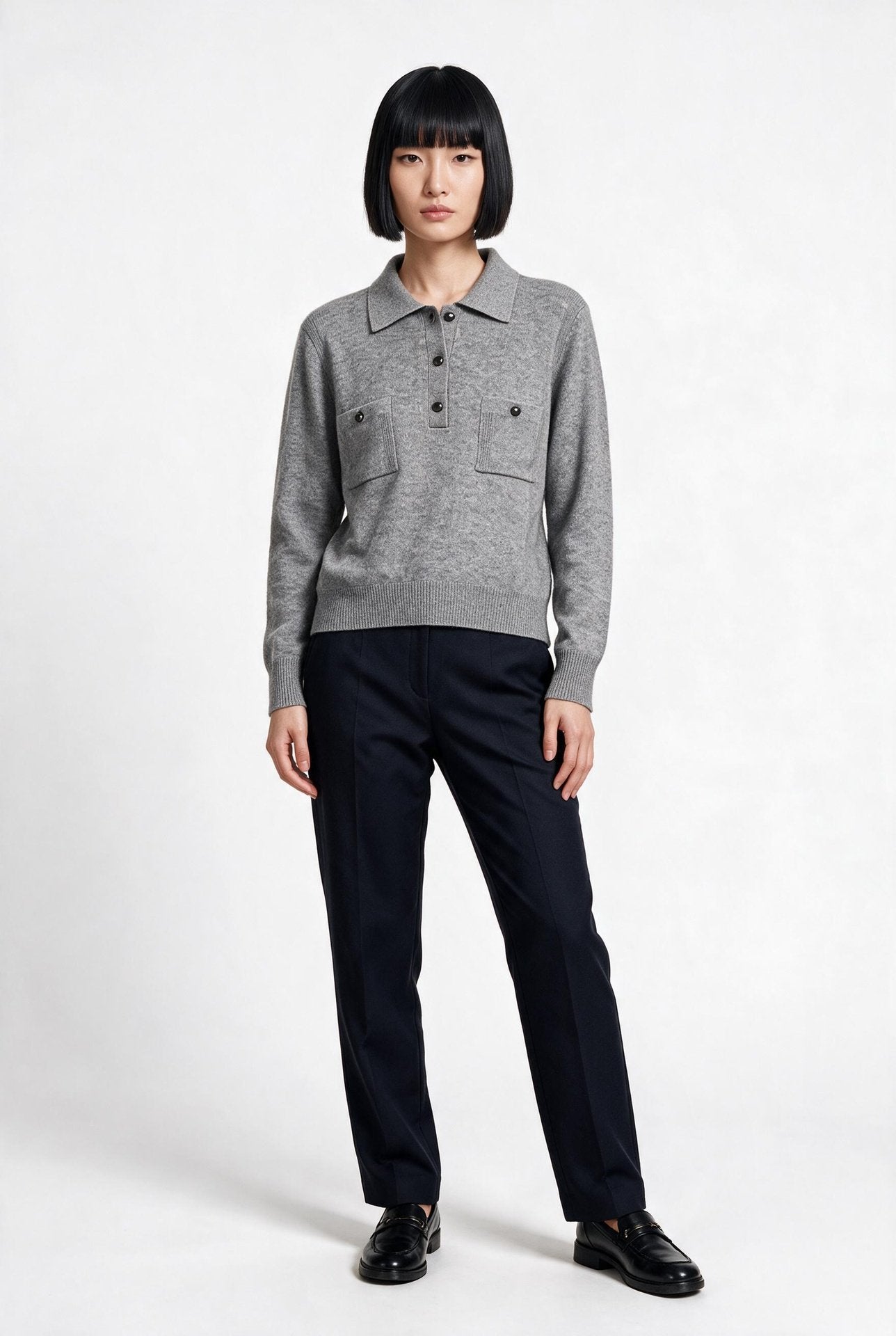 Lal Kadın Polo Yaka Uzun Kollu Cepli Triko Örme Bluz İkincil görsel