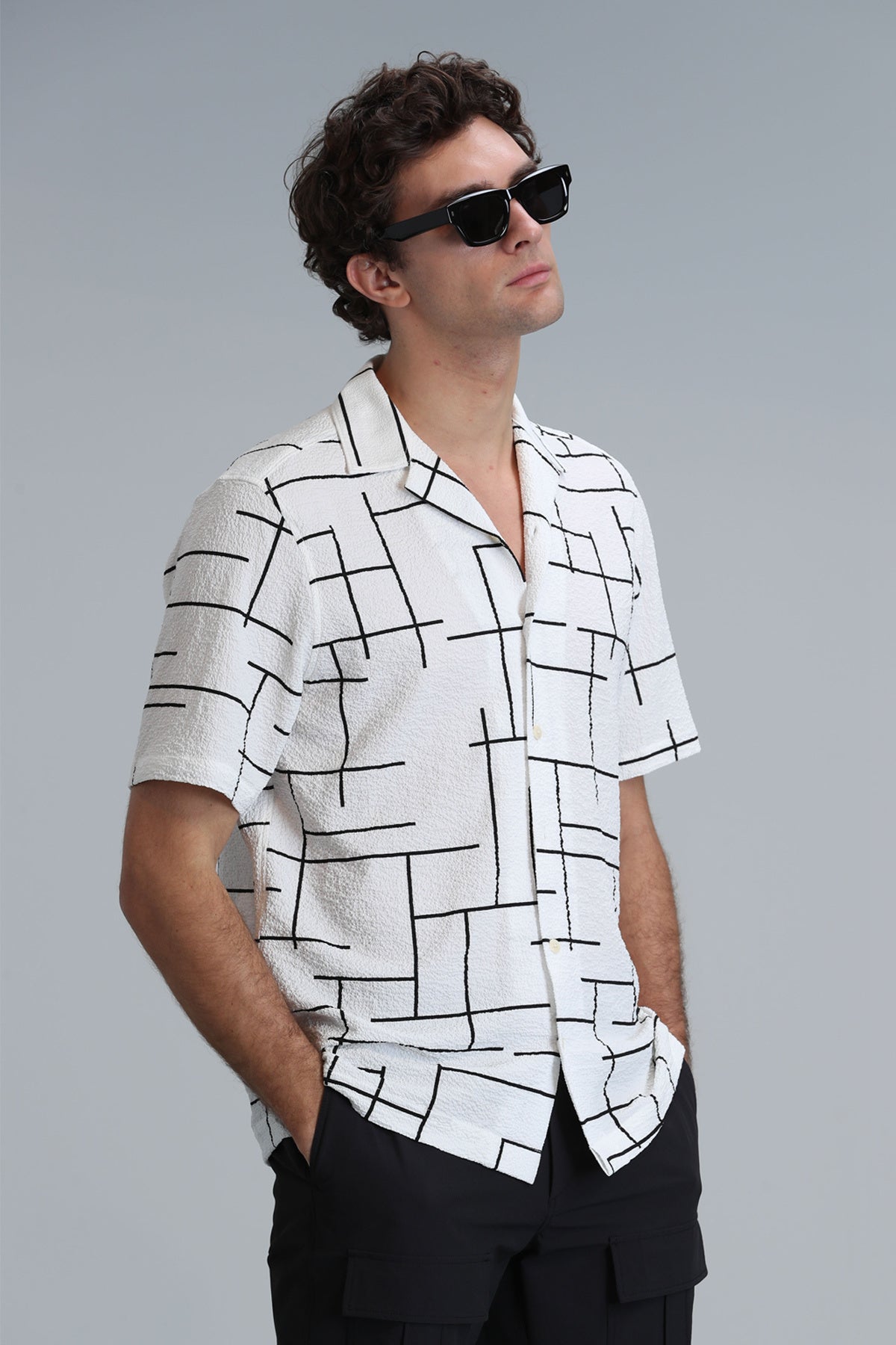 Lufian Minimalist Kısa Kol Geometrik Desen Erkek Gömlek - Yazlık, Günlük