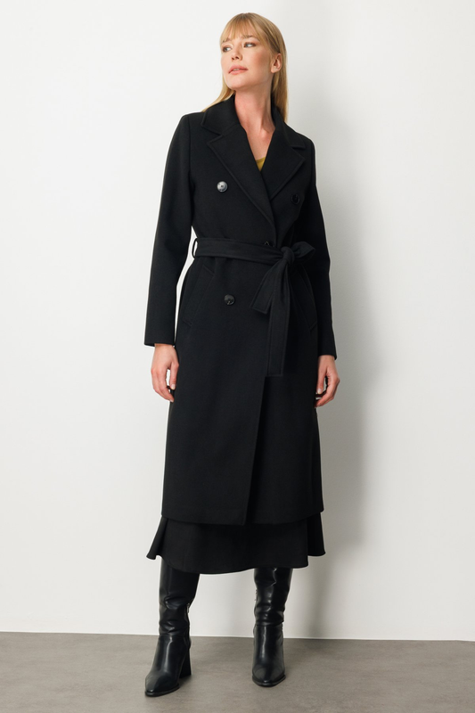 معطف إيكول ذو حزام مزدوج الصدر