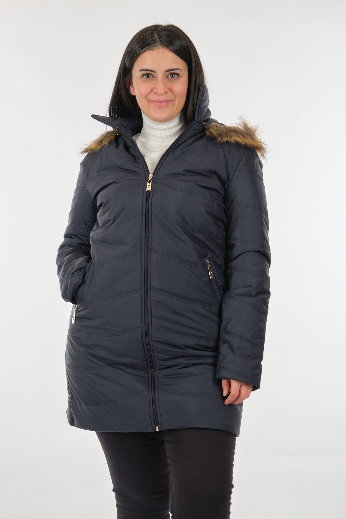 Desen Kadın Kışlık Kapüşonlu Midi Mont - Oversized, Sıcak Translation missing: ar.content.product_image_main