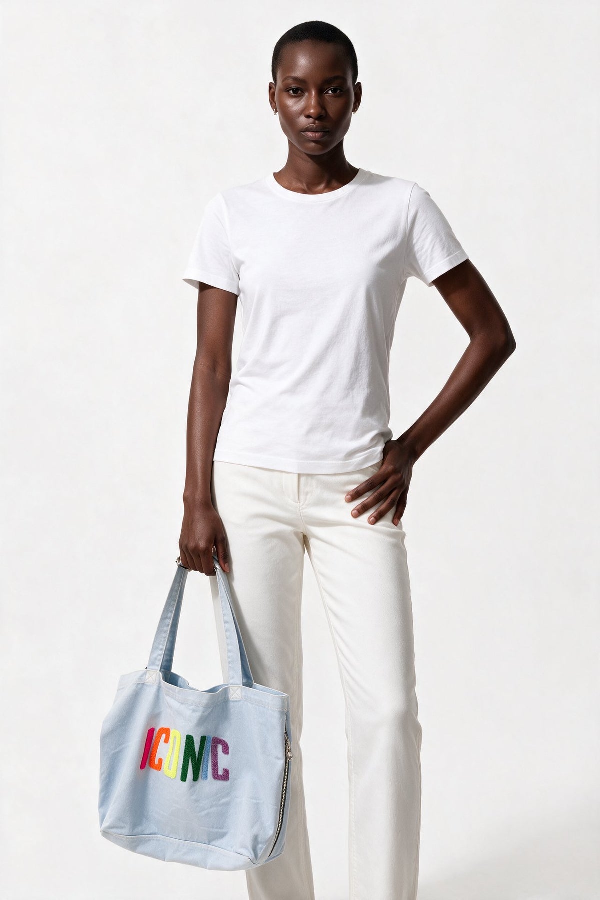MOOIJ Kadın Denim Kumaş ICONIC Yazılı Fermuarlı Tote Çanta T5888-16 Ana görsel