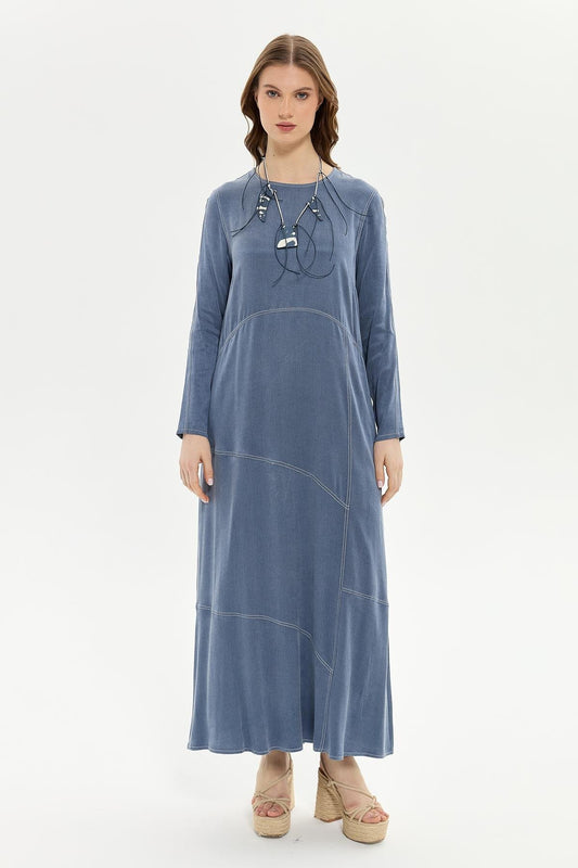 Müsemma Uzun Kol Maxi Elbise - Minimalist, Günlük, Doğal Kumaş