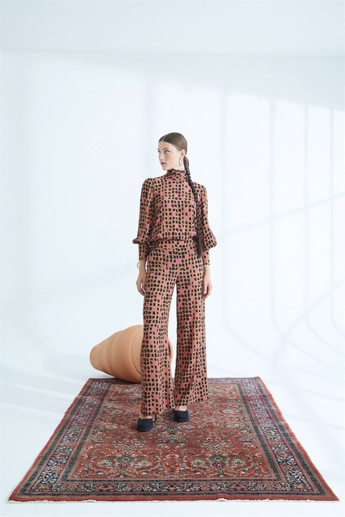 Naar Oversize Geometrik Desenli Midi Kadın Pantolon - Yüksek Bel Translation missing: ar.content.product_image_main