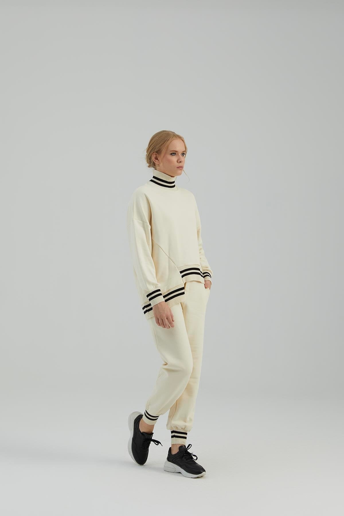 Naar Kadın Balıkçı Yaka Çizgili Ribanalı Rahat Kesim Sweatshirt Eşofman Takımı İkincil görsel