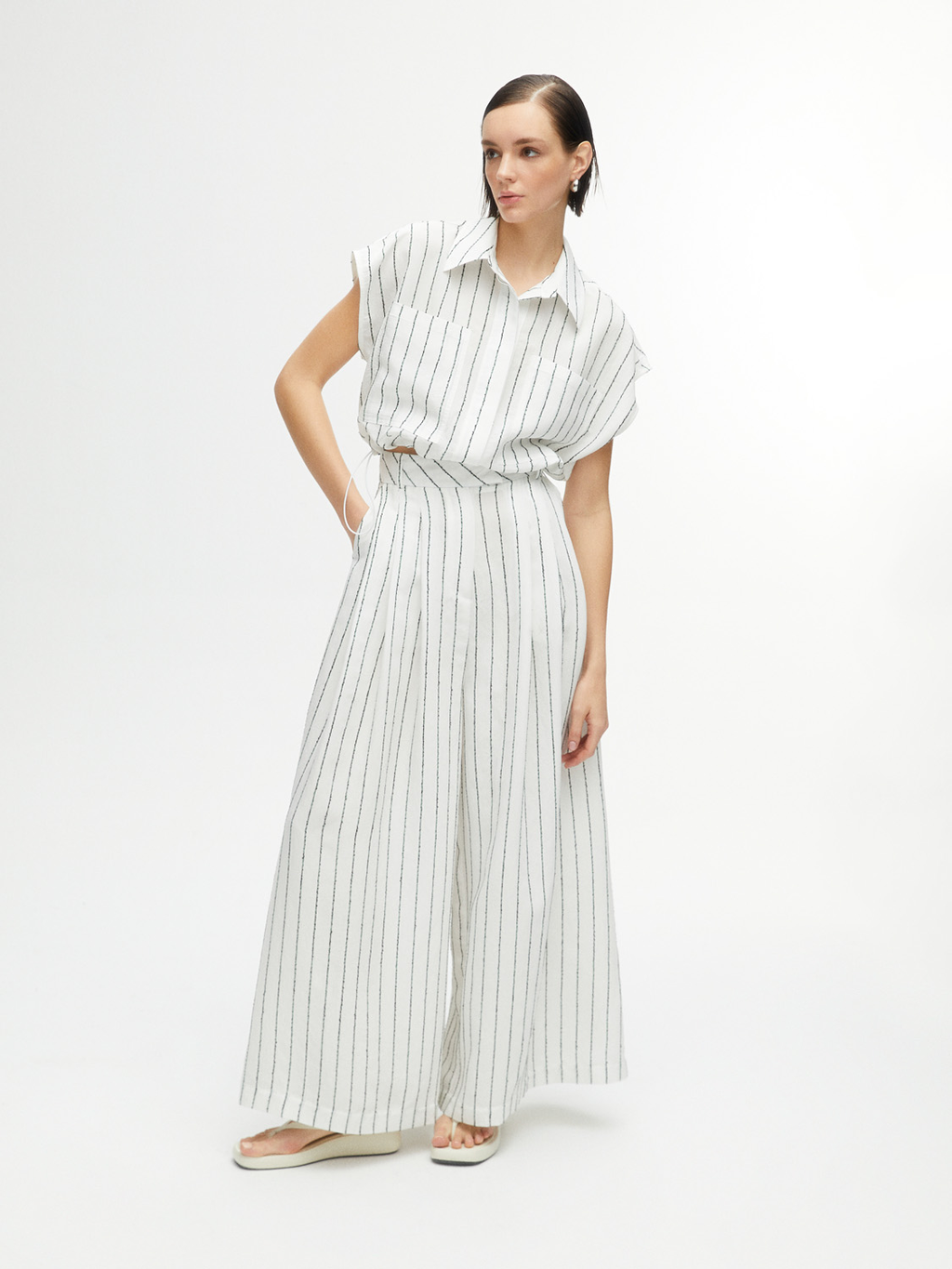 Nocturne Oversize Çizgili Keten Pantolon - Midi - Yüksek Bel