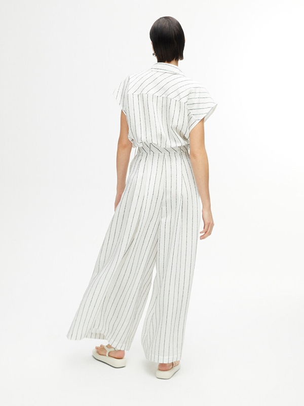 Nocturne Oversize Çizgili Keten Pantolon - Midi - Yüksek Bel