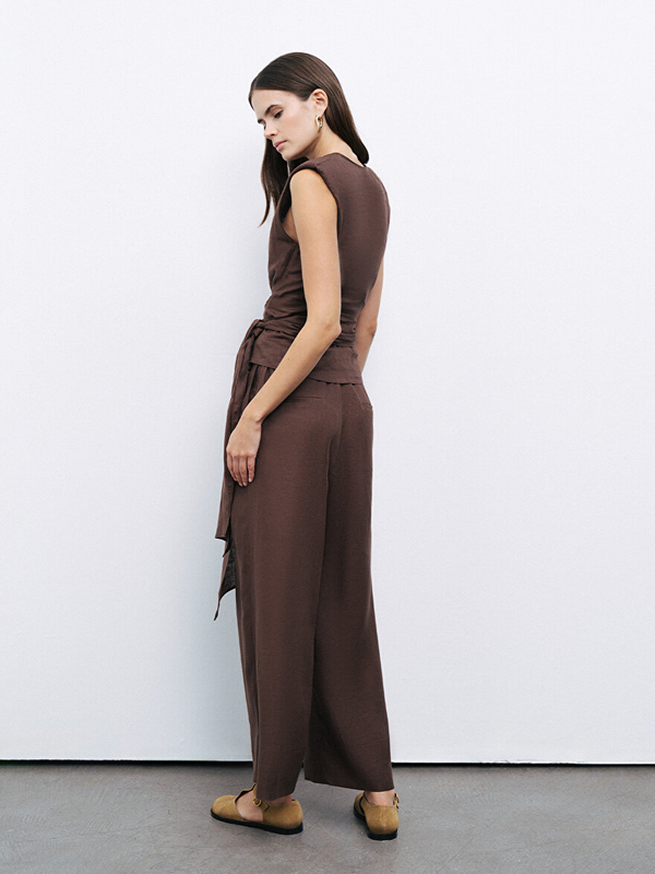 Nocturne Minimalist V Yaka Oversize Keten Midi Pantolon - Günlük Şıklık