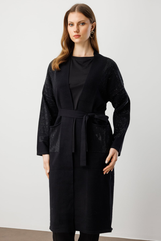 On Taş İşlemeli Kuşaklı Uzun Ceket 26KON60912