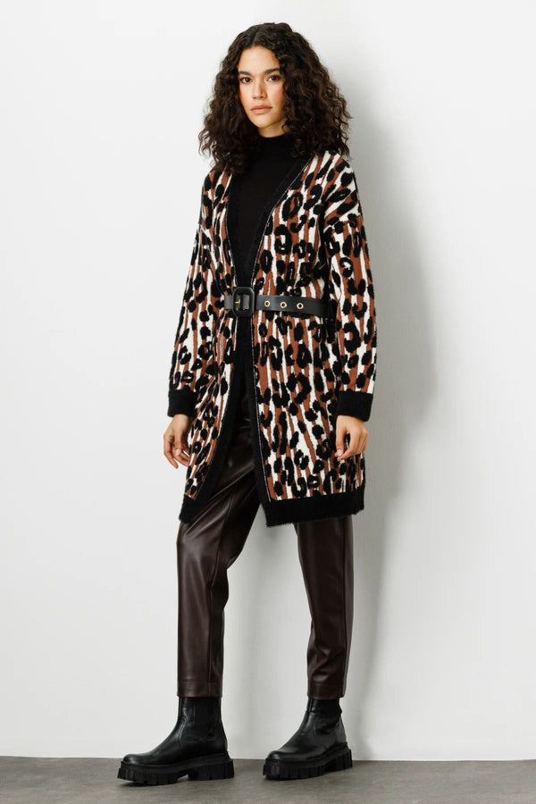 On Kadın Leopar Desenli Midi Uzun Kol Hırka - Vintage Stil