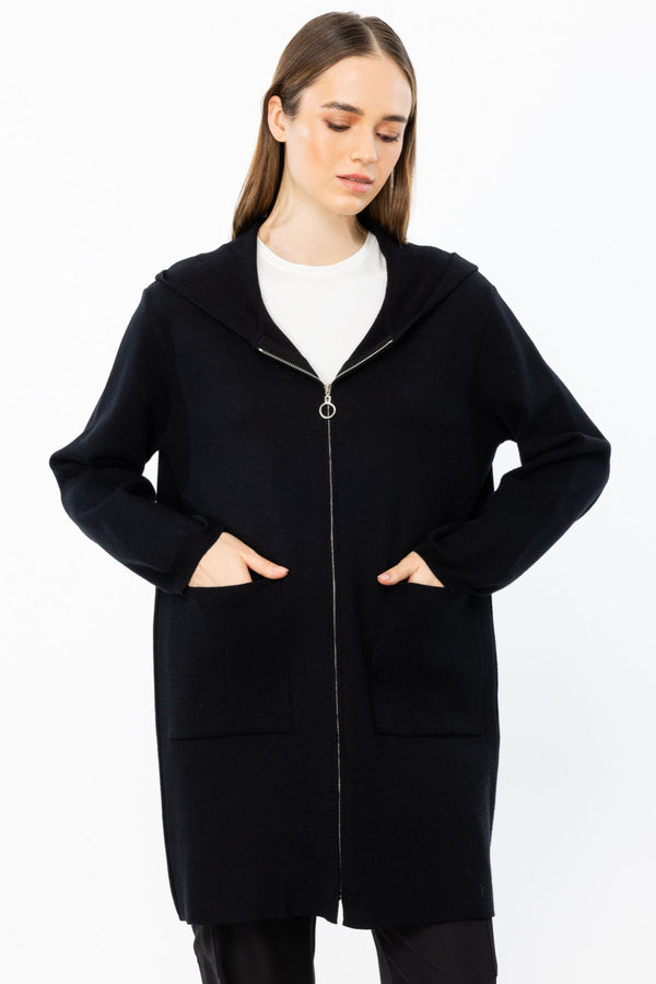 On Kadın Oversized Kapüşonlu Fermuarlı Midi Hırka
